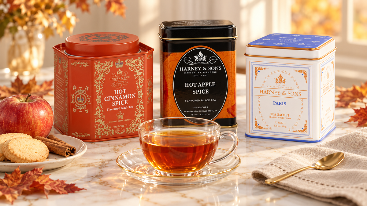 Harney & Sons Hot Cinnamon Spice, Hot Apple Spice, and Paris tea tins beside amber tea on a marble autumn table.