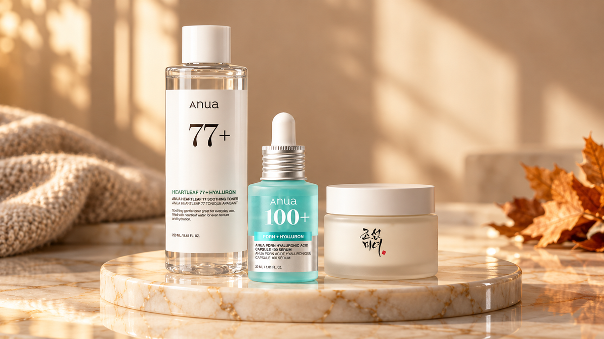 Anua toner and PDRN serum with Beauty of Joseon Dynasty Cream in a warm autumn skincare setting