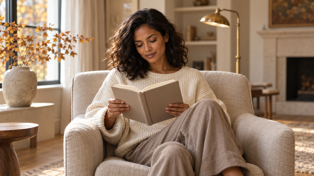 Woman in an ivory knit sweater reading in a linen armchair beside a sunlit window and autumn foliage.
