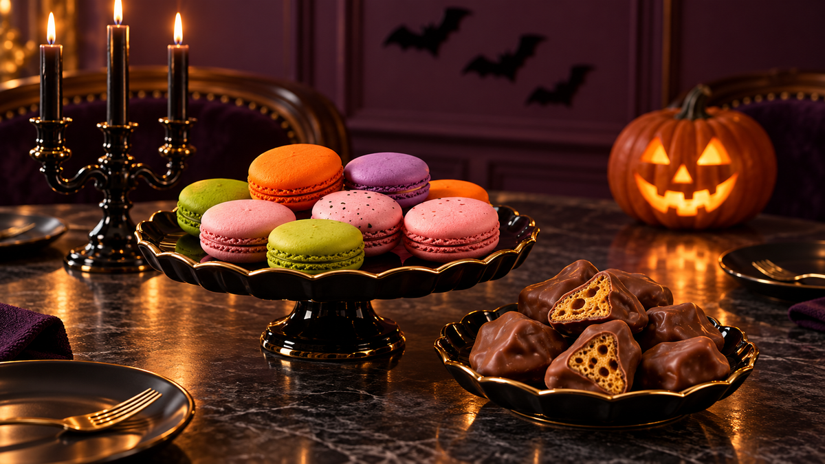 Macarons and chocolate honeycomb on black-and-gold dishes at a Halloween dessert party with candlelight, bats, and a glowing jack-o’-lantern.
