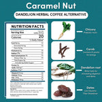 Caramel nut dandelion herbal coffee nutrition facts and ingredient list cards