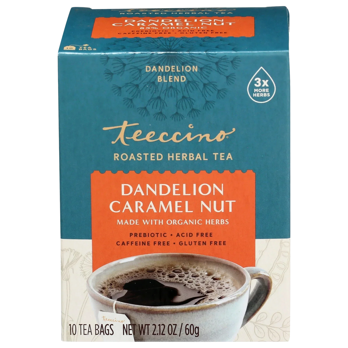 Teecino roasted dandelion caramel nut herbal tea box, 10 tea bags, caffeine free
