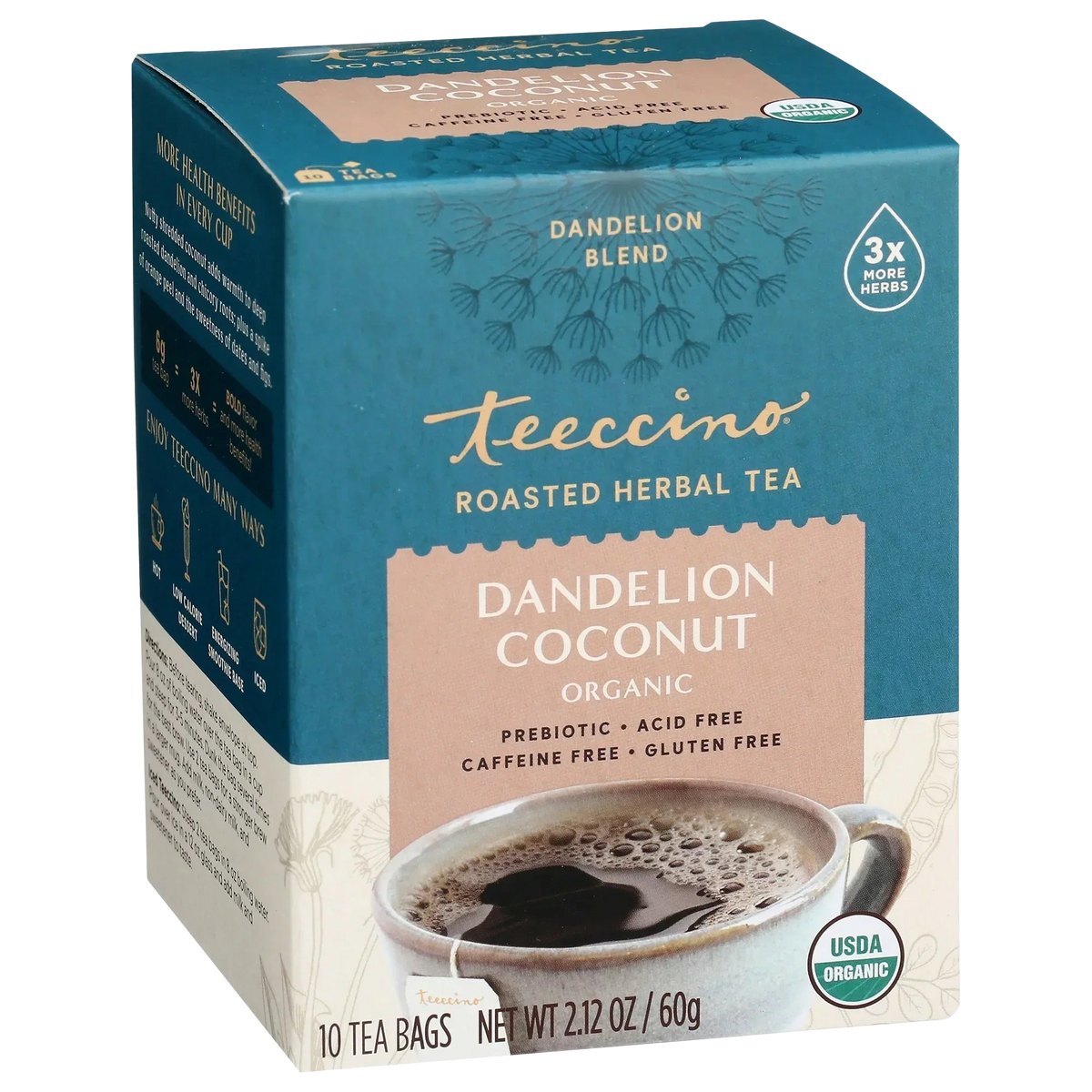 Roasted herbal tea box with dandelion coconut organic label and 10 tea bags