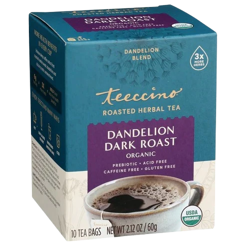 Teecino roasted herbal tea box, dandelion dark roast, USDA organic, 10 tea bags