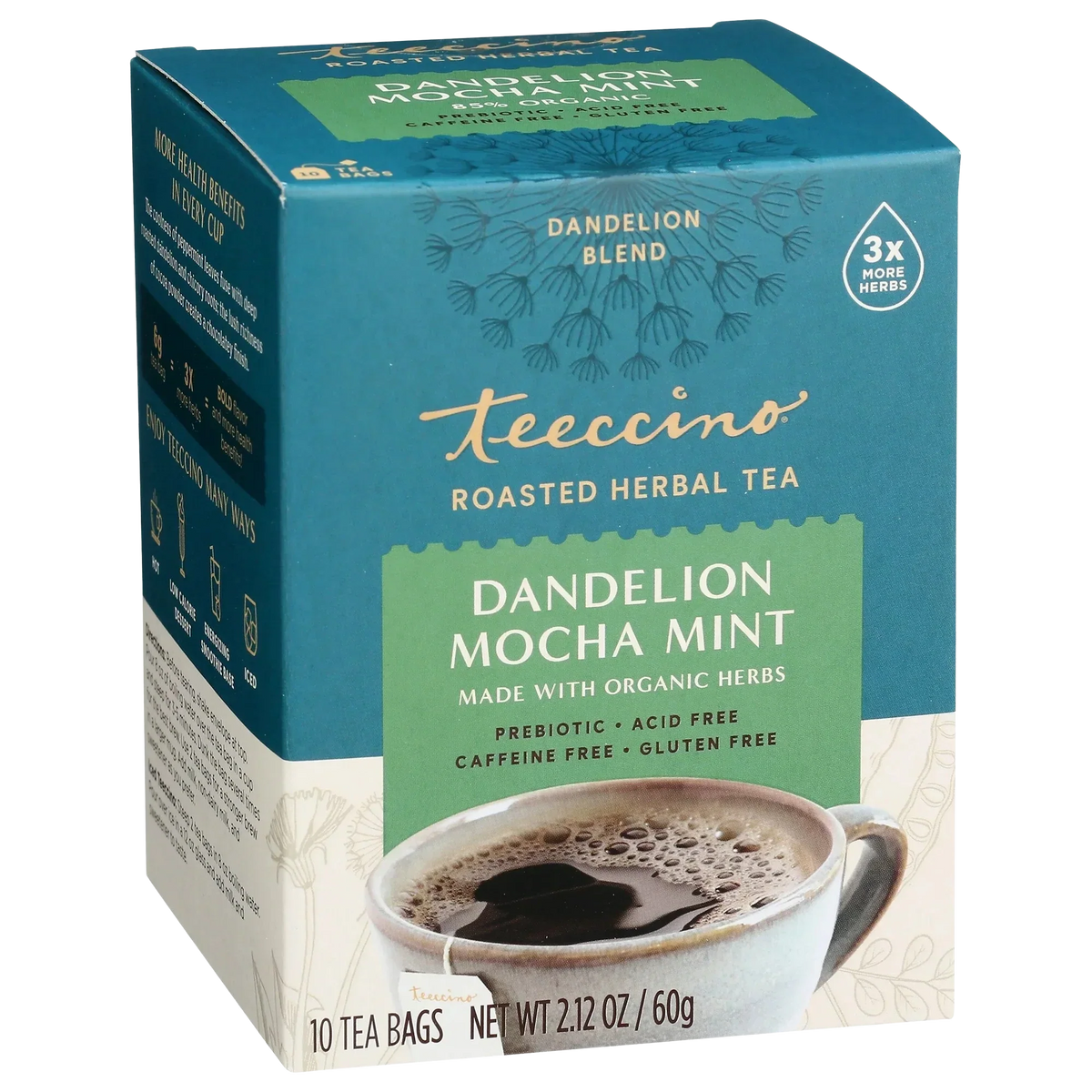 Teecino roasted herbal tea box, dandelion mocha mint, prebiotic, 10 tea bags