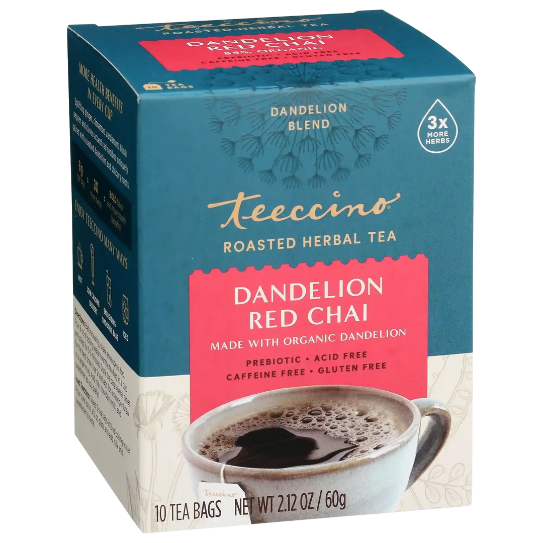 Roasted herbal tea box, teal carton with red label and '3x more herbs' badge.