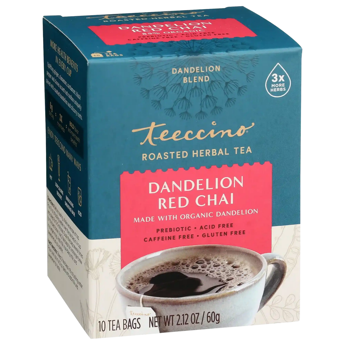 Roasted herbal tea box, teal carton with red label and '3x more herbs' badge.