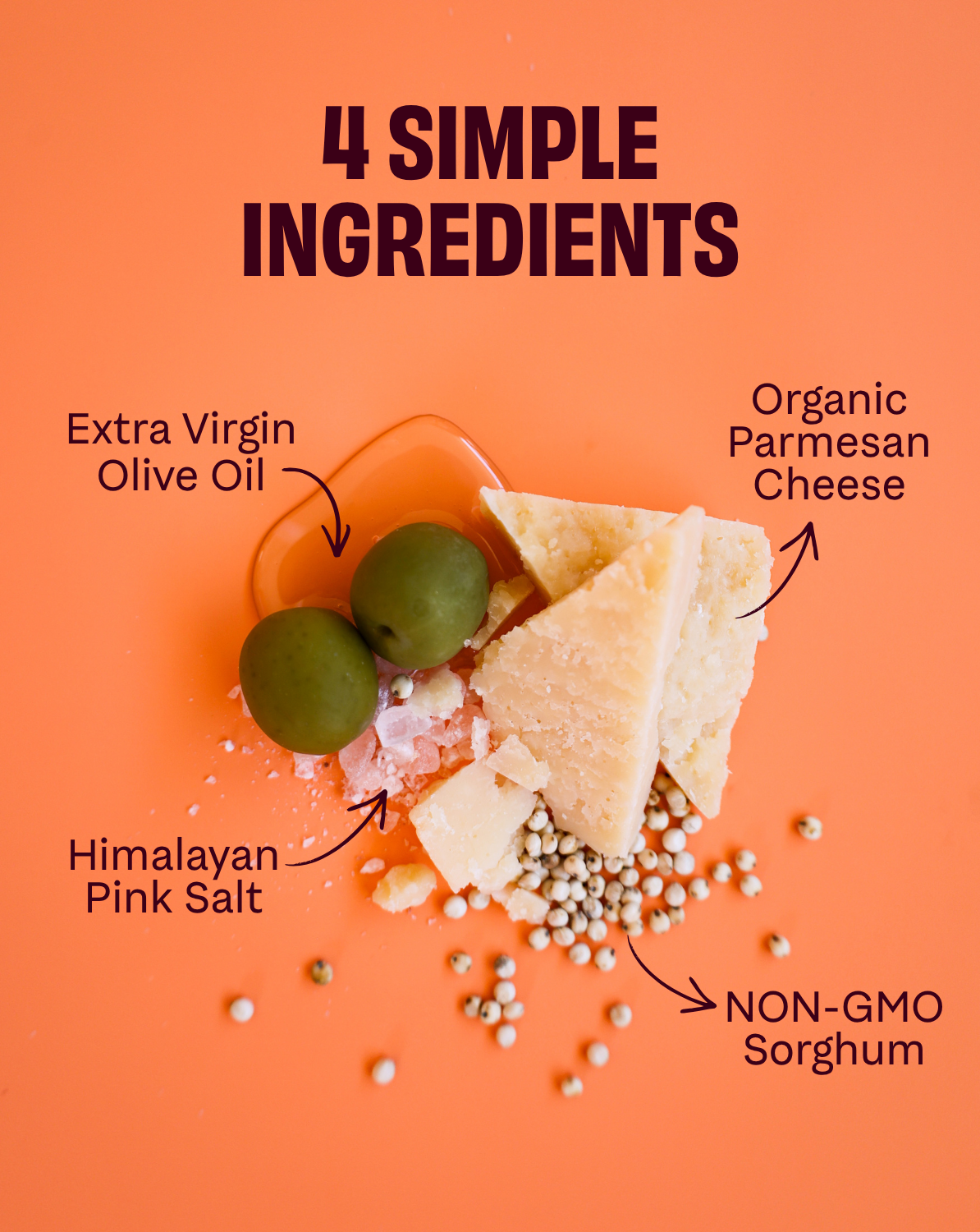 Popcorn ingredient info panel with illustrated olives, cheese, salt, and sorghum