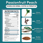 Back panel of Passionfruit Peach herbal coffee alternative bag with nutrition facts and ingredient icons.