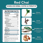 Nutrition facts and ingredient icons for Dandelion herbal coffee alternative Red Chai.