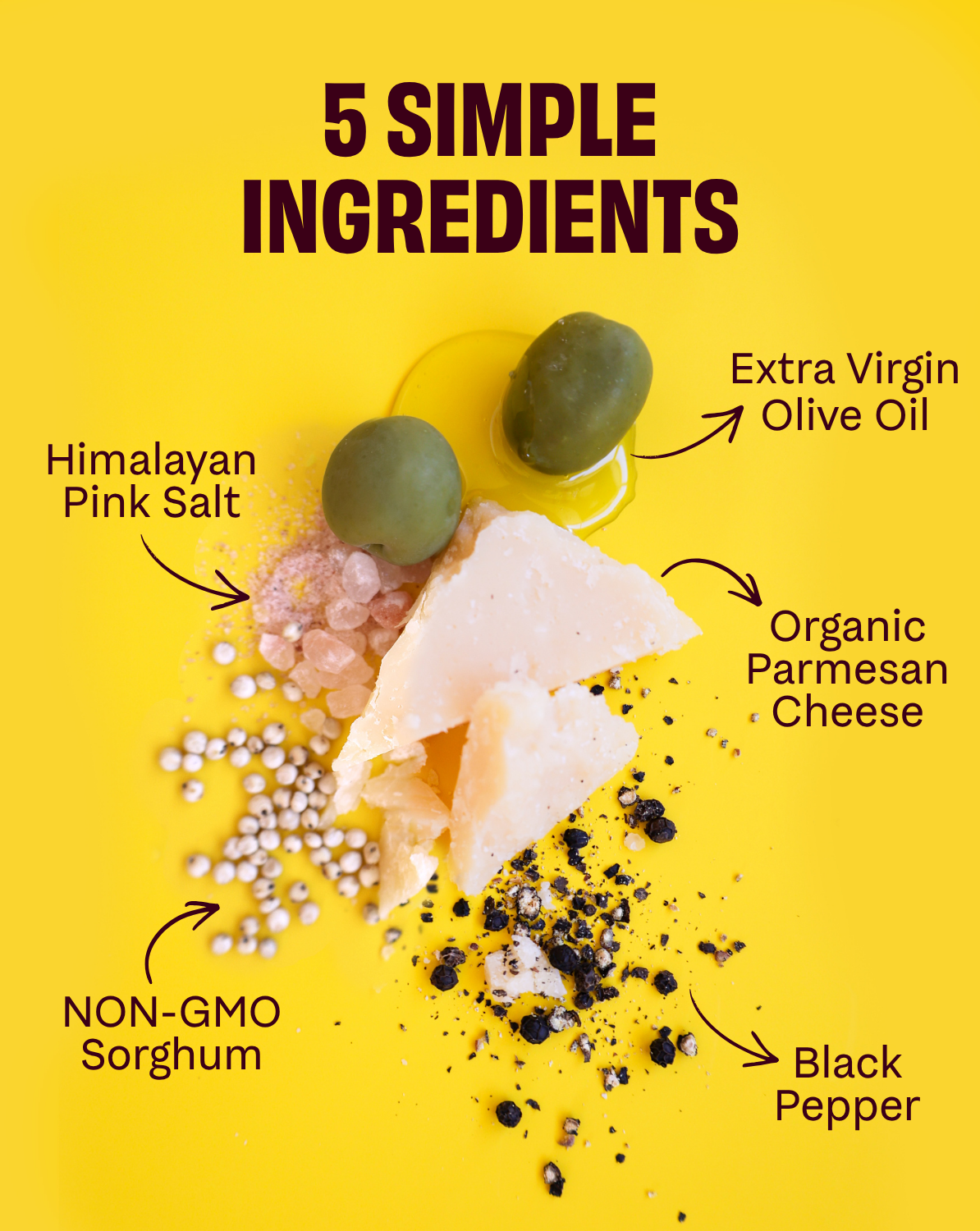 Cacio e Pepe snack mix ingredient infographic listing Himalayan pink salt and extra virgin olive oil