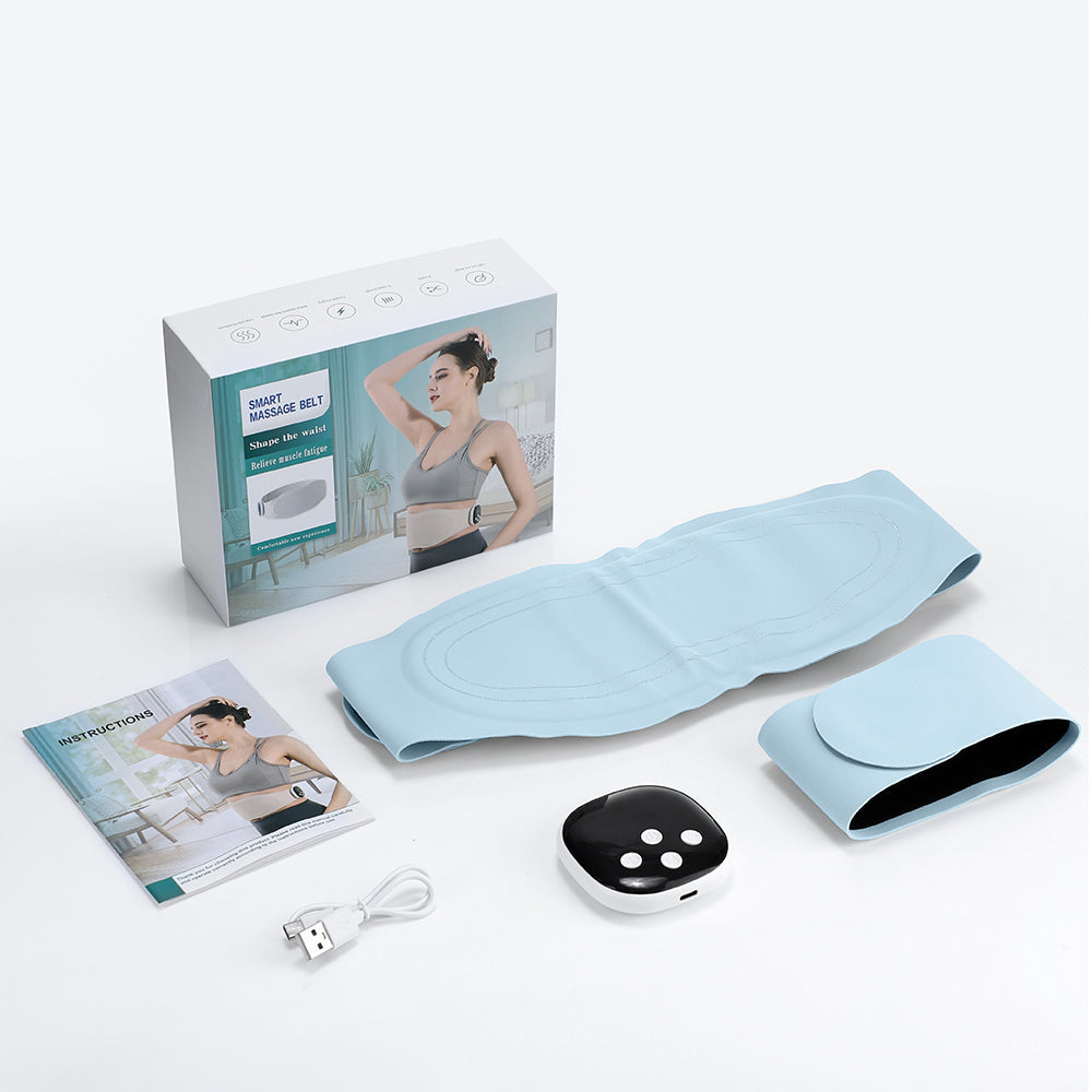 Light blue EMS waist belt set with black controller, cable, and instruction booklet