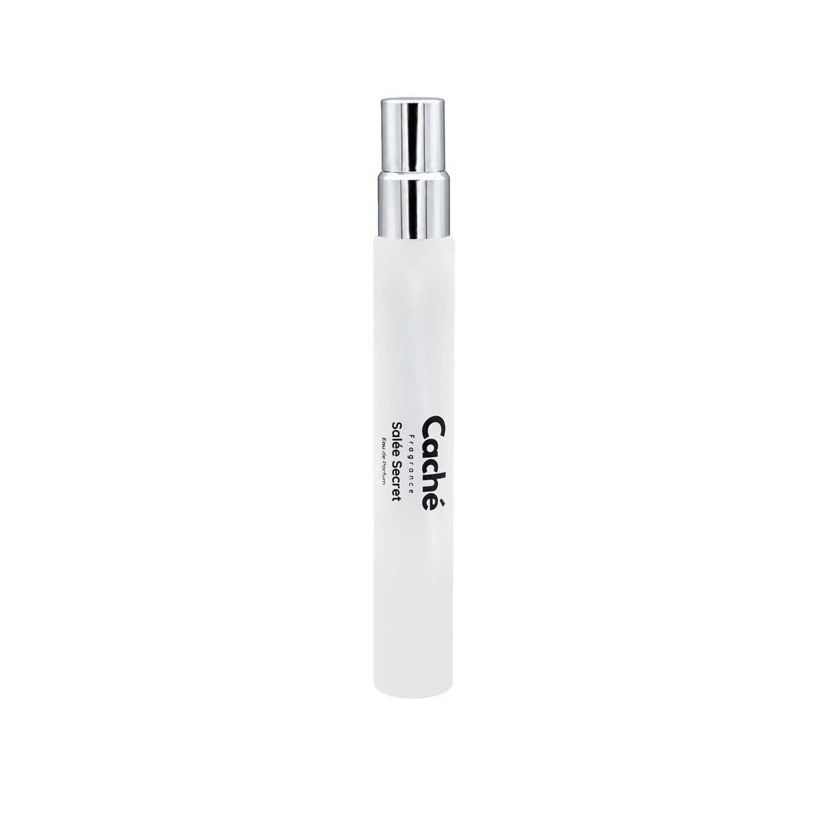 White perfume travel spray with clear silver nozzle, Caché label