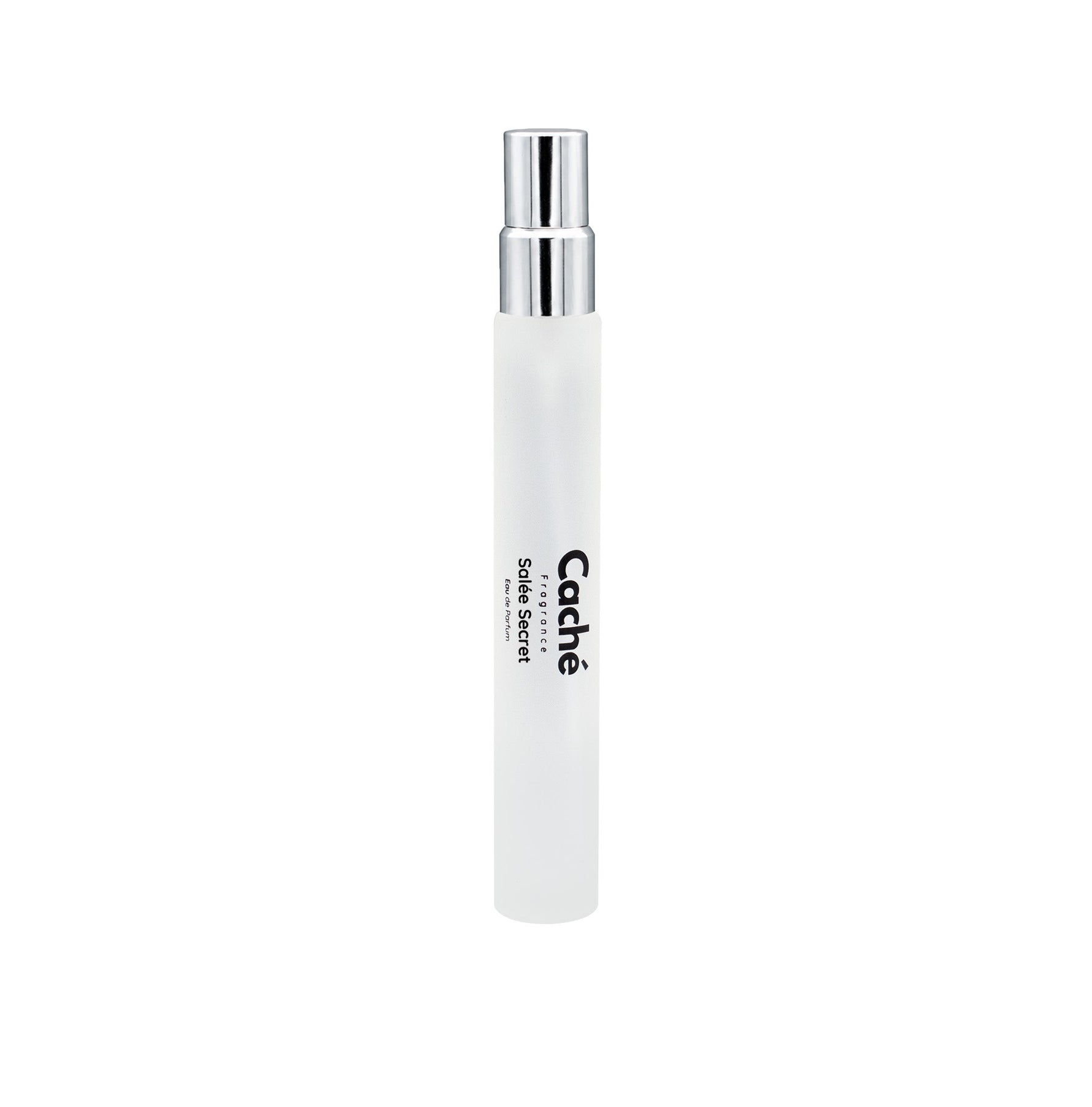 White perfume travel spray with clear silver nozzle, Caché label