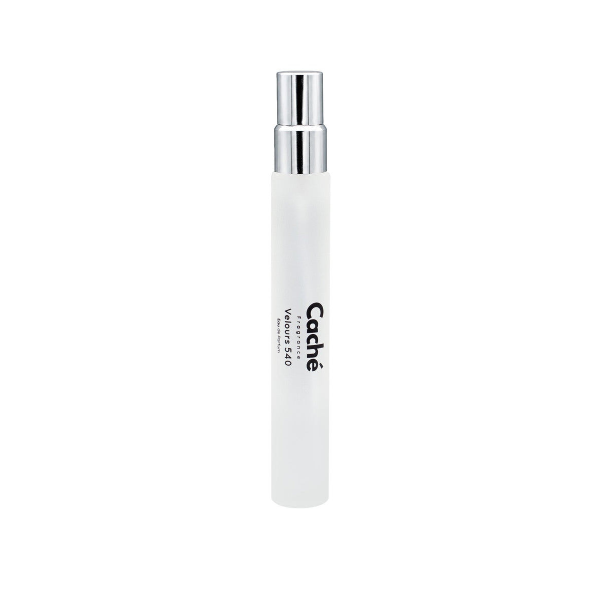 White fragrance bottle with silver spray pump and “Caché” label