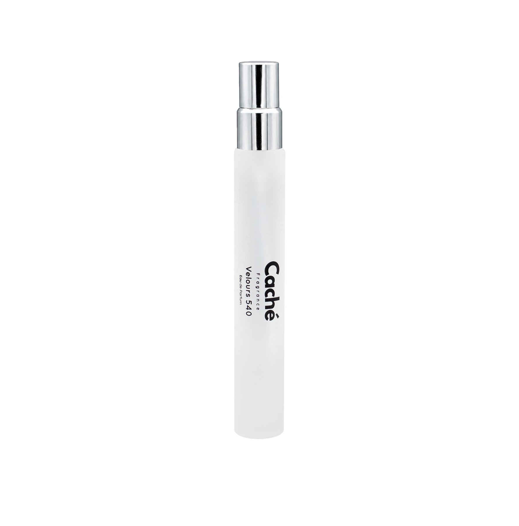 White fragrance bottle with silver spray pump and “Caché” label