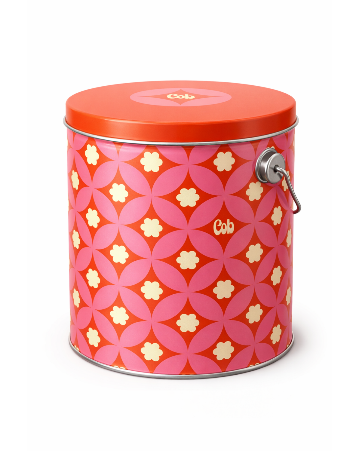 Pop of Joy tin with orange lid and pink floral geometric pattern