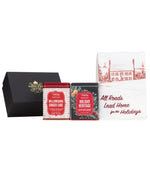 Ginger cake sachets tin with two branded tins and red holiday labels, pack of 20
