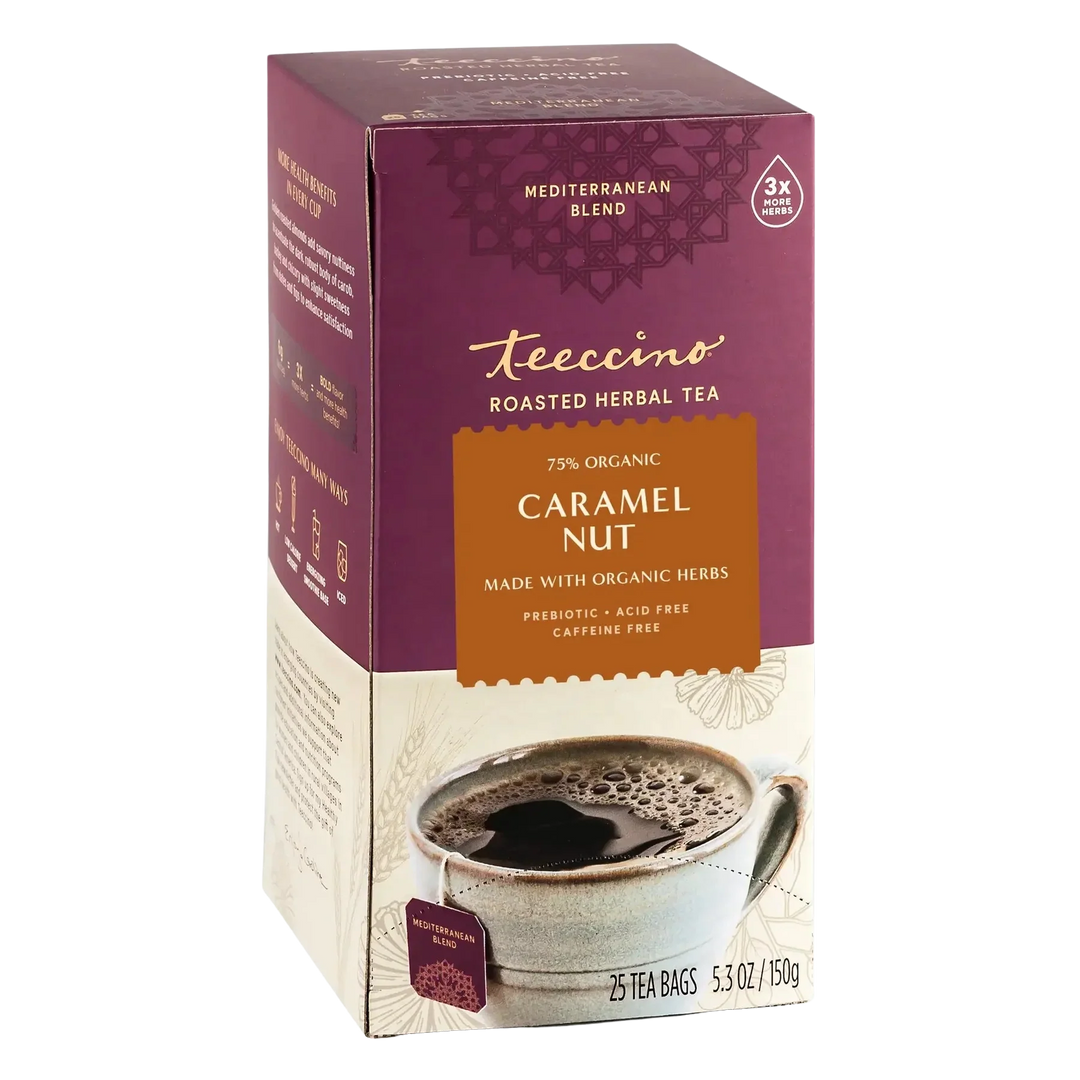 Teecino roasted herbal tea box, Caramel Nut flavor, 25 tea bags.