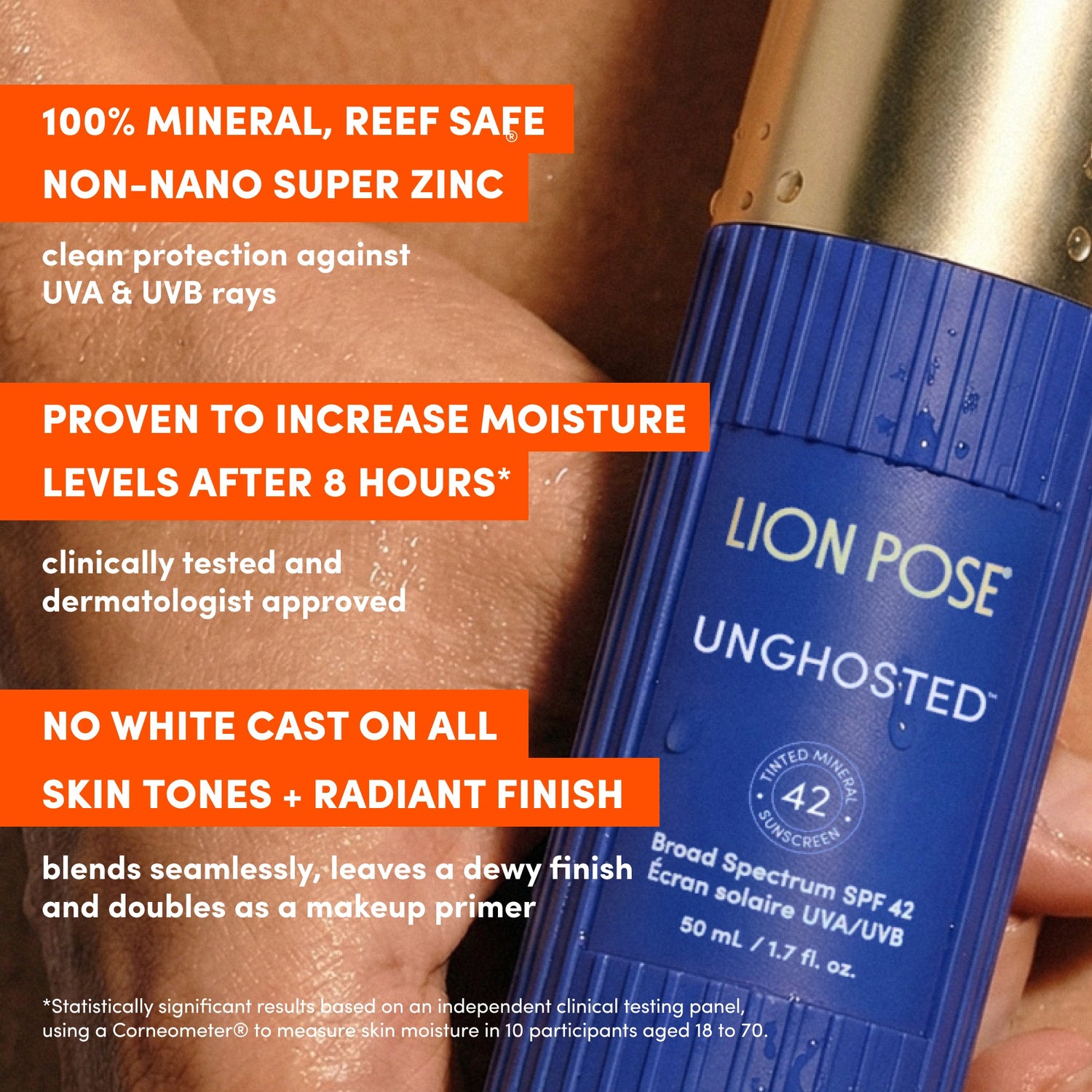 Tinted SPF sunscreen bottle on skin, blue label with Lion Pose branding