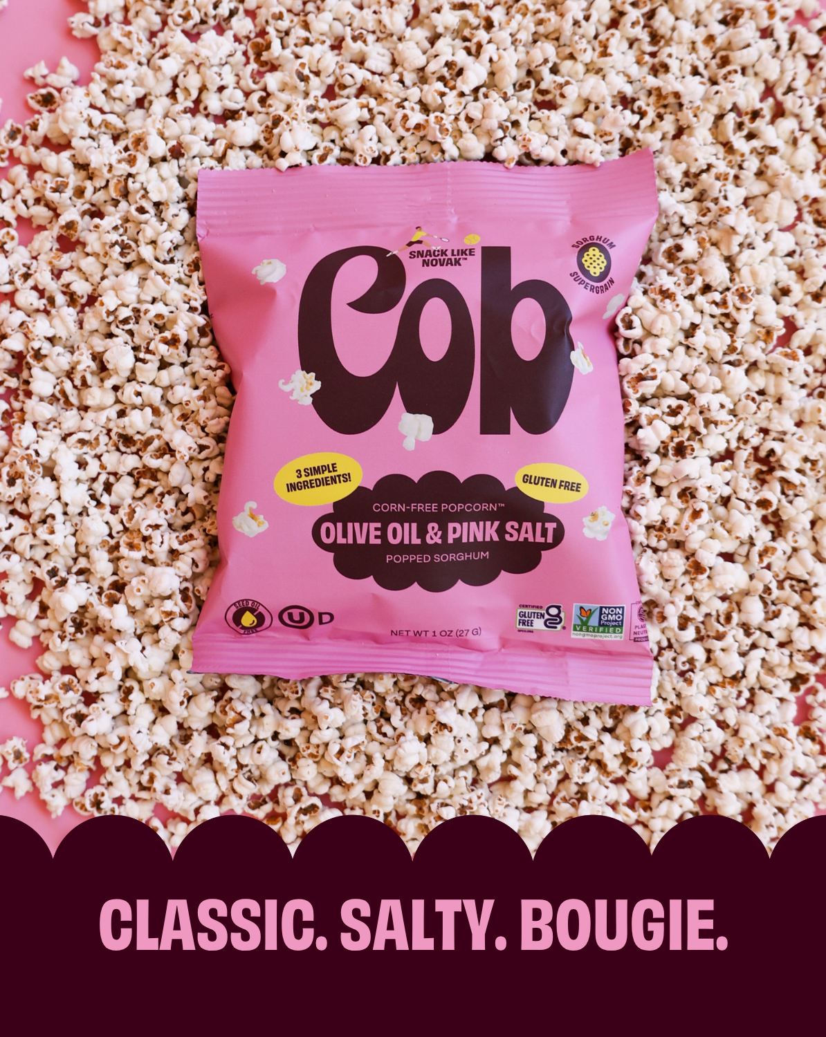 Cob popcorn snack bag in pink, olive oil & pink salt, gluten-free corn-free popcorn