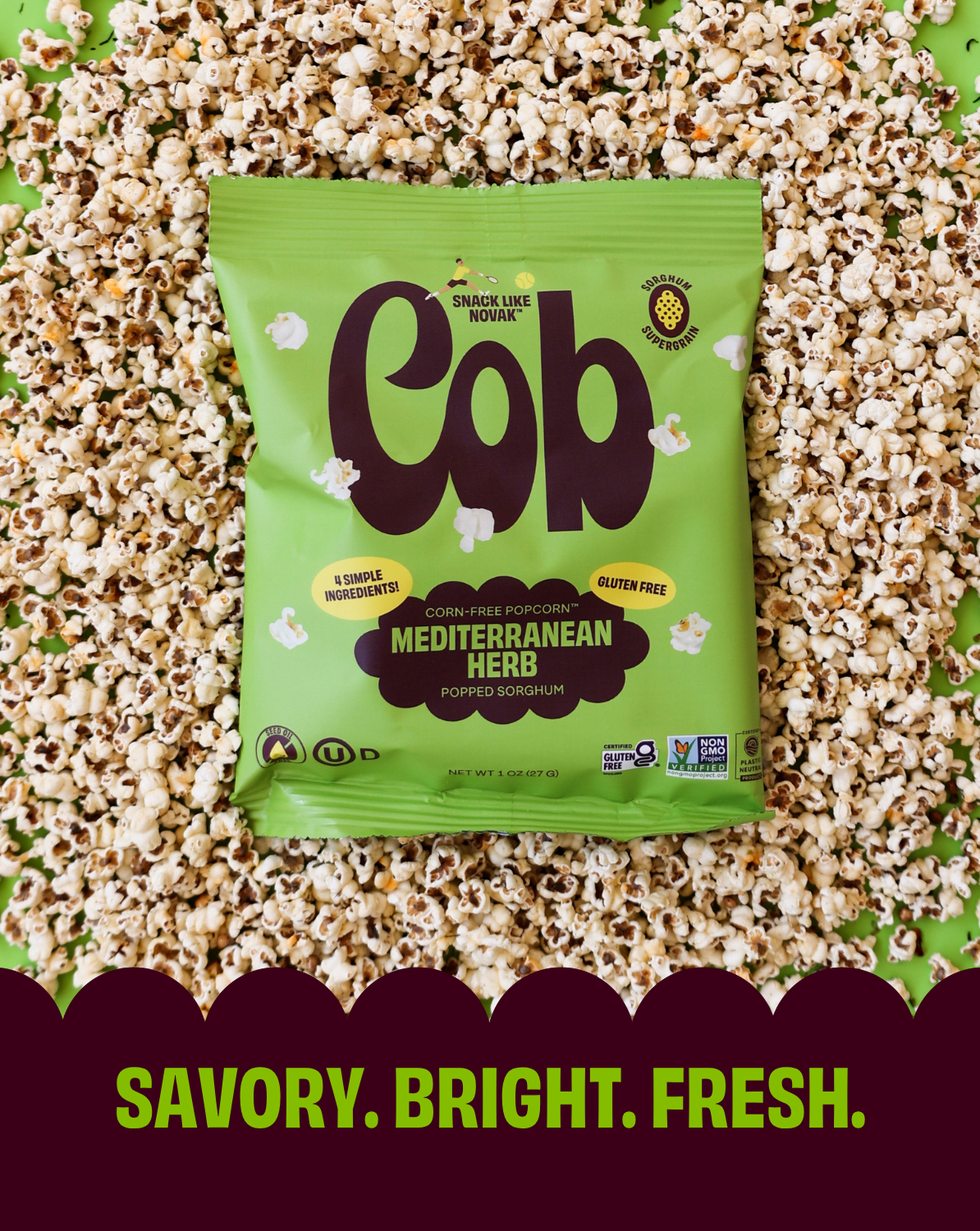 Mediterranean herb popcorn snack bag, green package with Gob Popcorn branding.