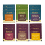 Herbal tea bag sampler featuring six roasted herbal tea flavors in individual boxes