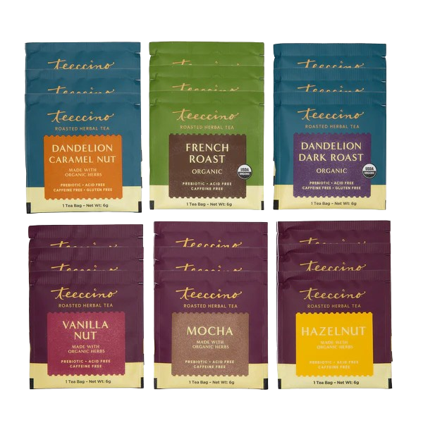 Herbal tea bag sampler featuring six roasted herbal tea flavors in individual boxes
