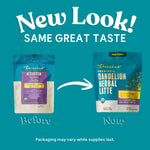 Teecchino new look packaging comparison for instant herbal coffee, two bags shown.
