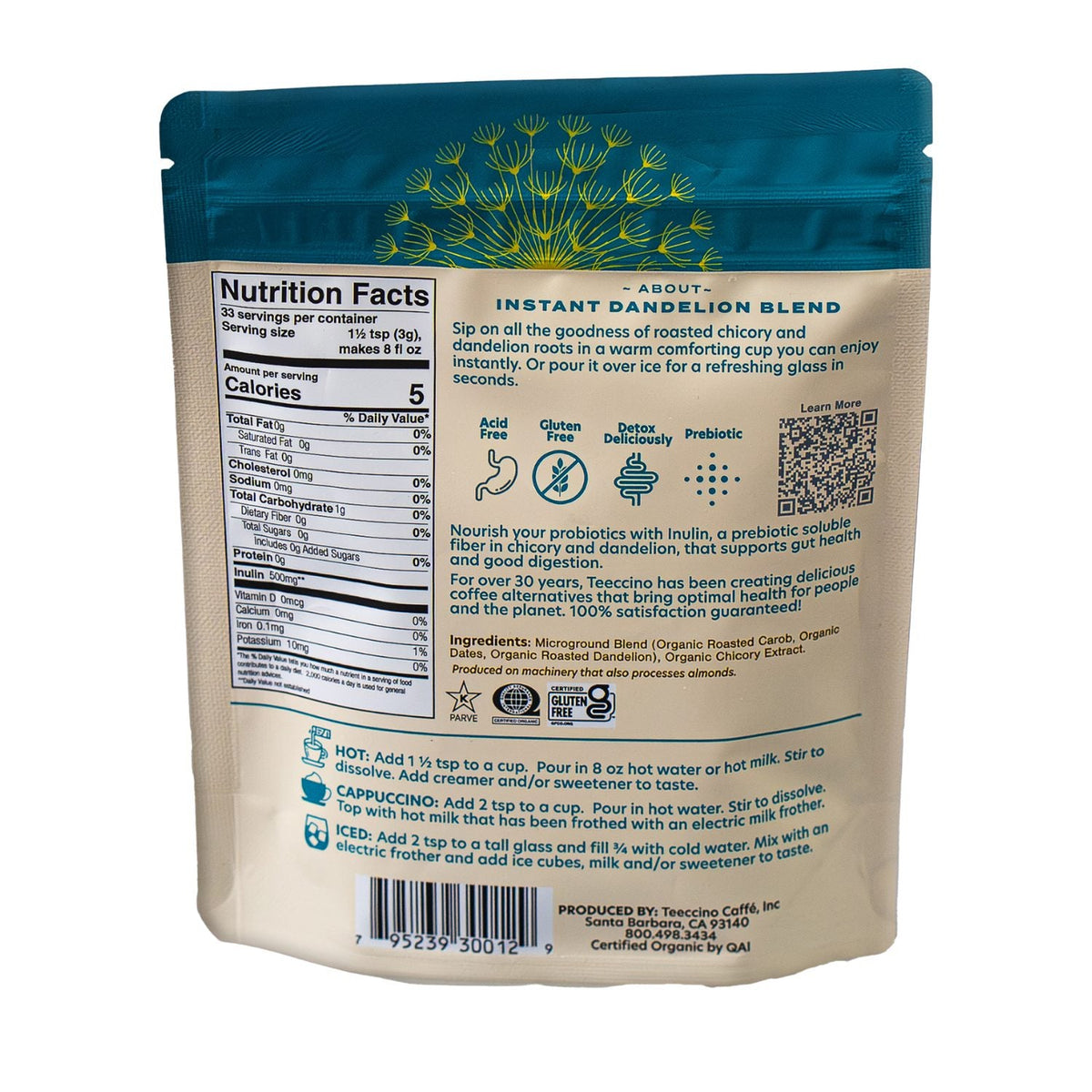 Teecchino instant dandelion herbal coffee back label pouch with nutrition facts.