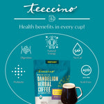 Teecchino instant dandelion herbal coffee bag with mug, health benefits icons.