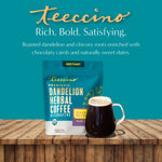 Teecchino instant dandelion herbal coffee bag with dark drink in mug on wood.
