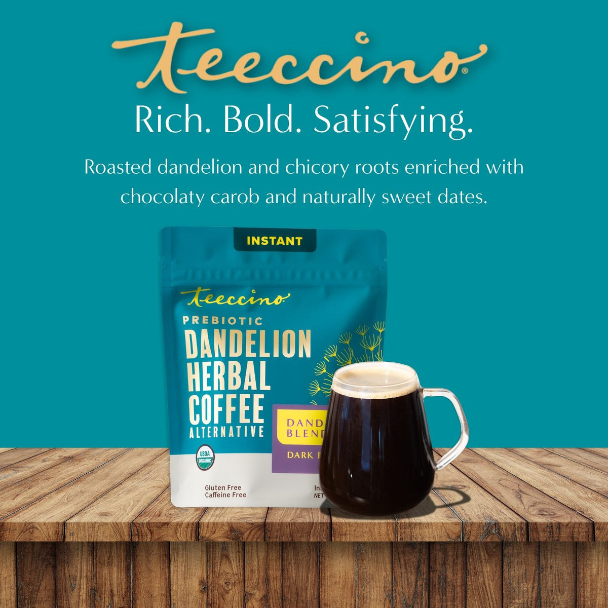 Teecchino instant dandelion herbal coffee bag with dark drink in mug on wood.