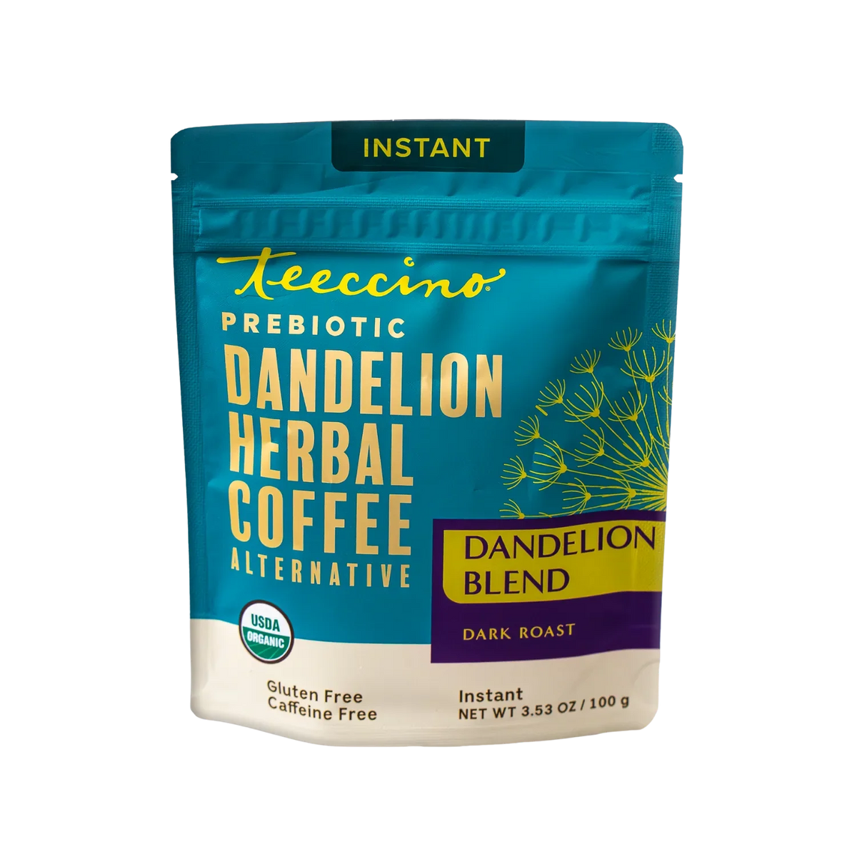 Teecchino instant dandelion herbal coffee bag, dark roast, prebiotic herbal blend.