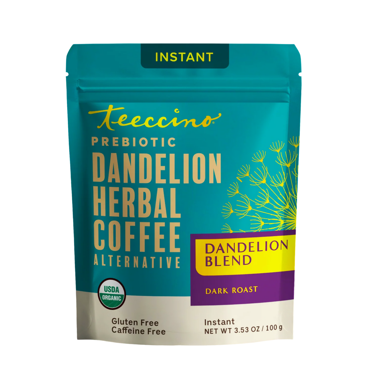 Teecchino prebiotic dandelion herbal coffee alternative, dark roast instant bag.