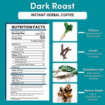 Nutrition facts panel for dark roast instant herbal coffee, dandelion root highlights.