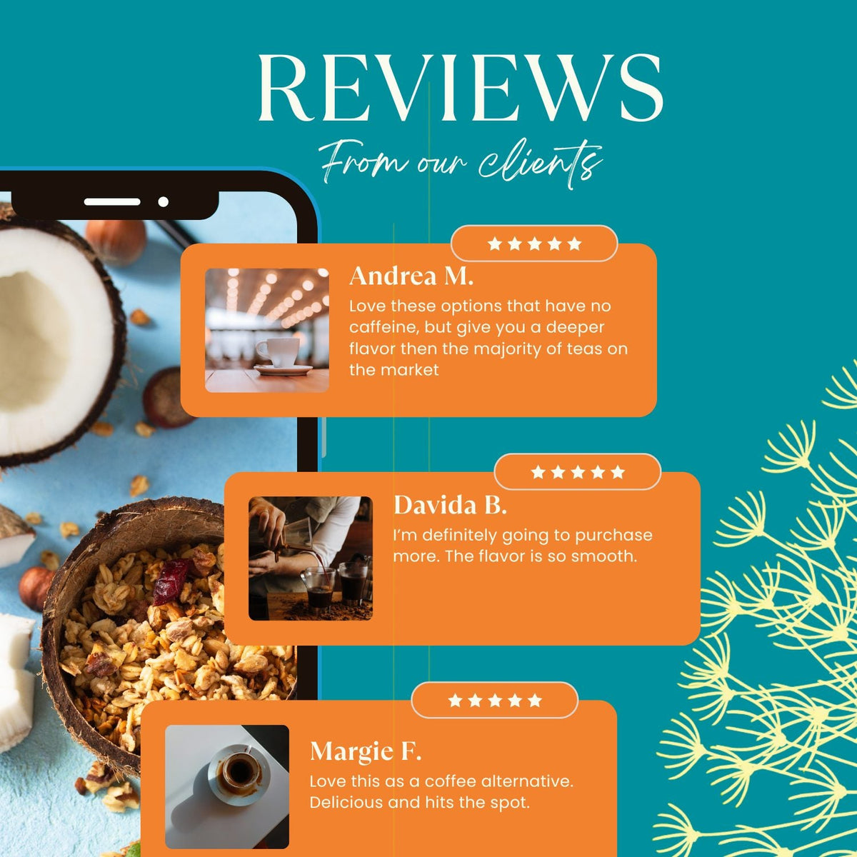 Teecchino customer reviews graphic for dandelion herbal coffee, star ratings.