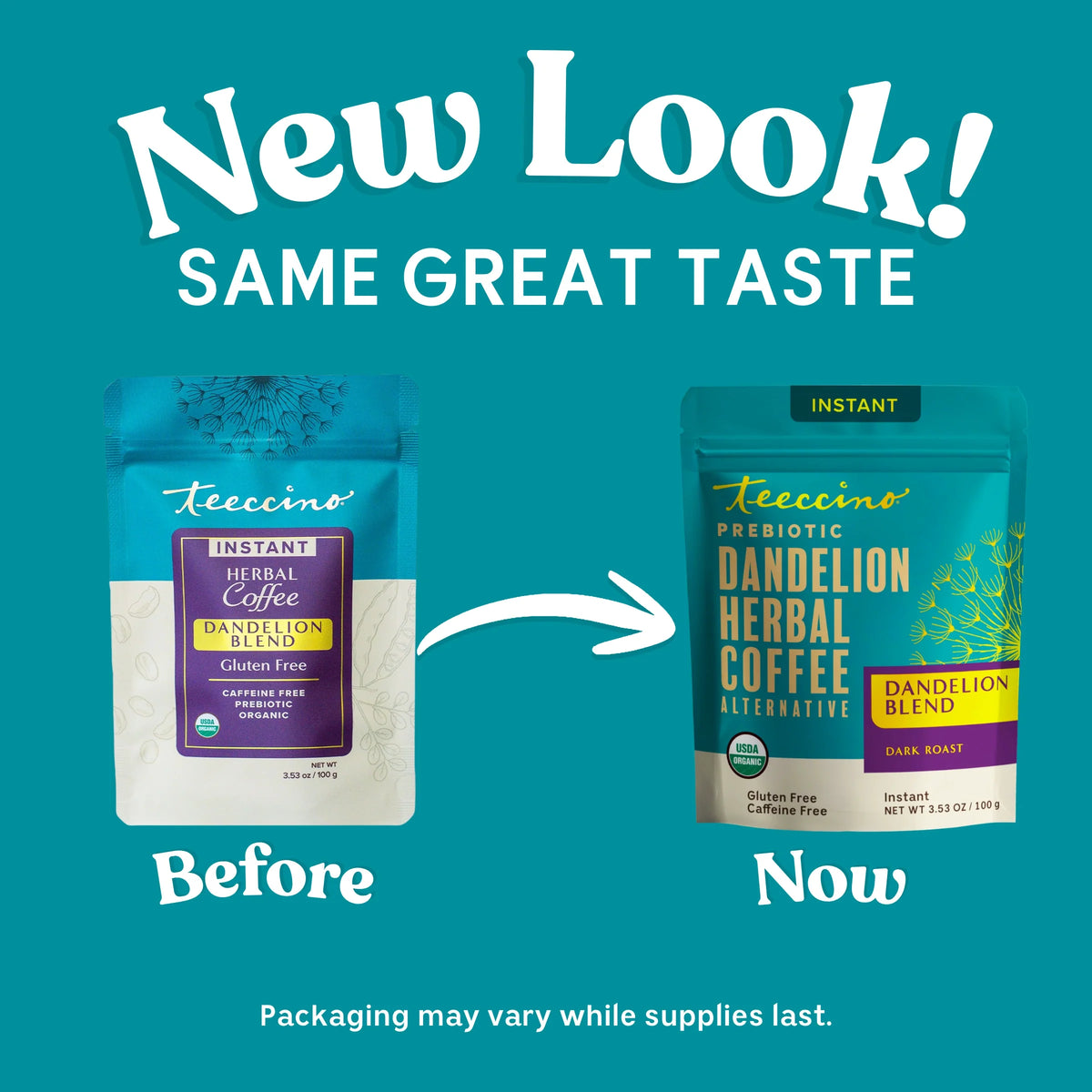 Instant dandelion herbal coffee package comparison: before and now pouches