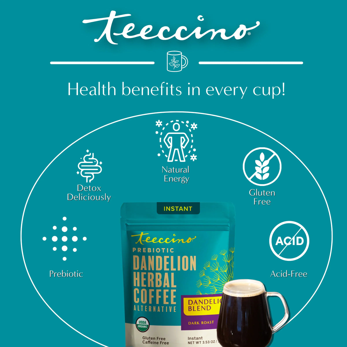 Instant dandelion herbal coffee pouch with cup, gluten-free and acid-free