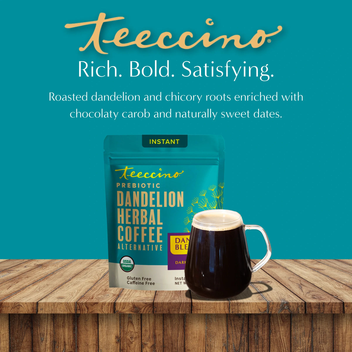 Instant dandelion herbal coffee pouch with dark brewed cup on wooden surface