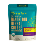 Teecchino instant dandelion herbal coffee bag, dark roast, gluten-free, caffeine-free.
