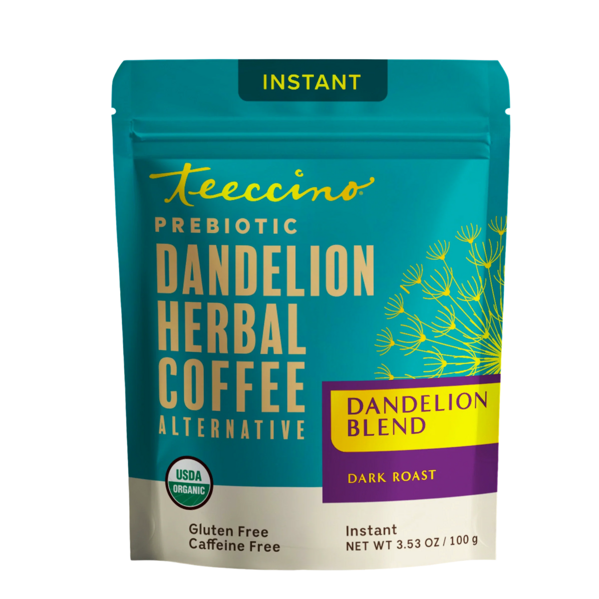 Teecchino instant dandelion herbal coffee bag, dark roast, gluten-free, caffeine-free.