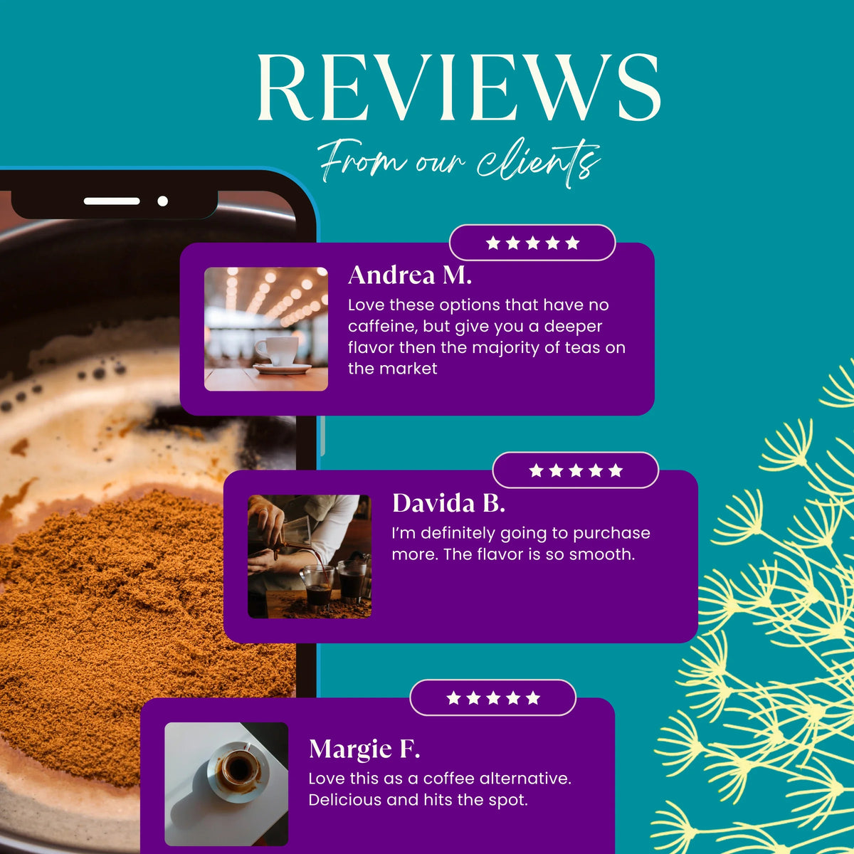 Teecchino customer reviews graphic for dandelion herbal coffee, star ratings.