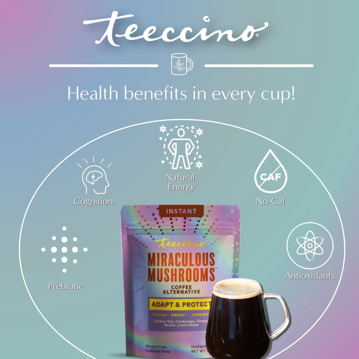 Instant herbal coffee pouch with benefit icons: Natural Energy, No-Caf, Antioxidants
