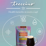 Instant herbal coffee pouch with benefit icons: Natural Energy, No-Caf, Antioxidants