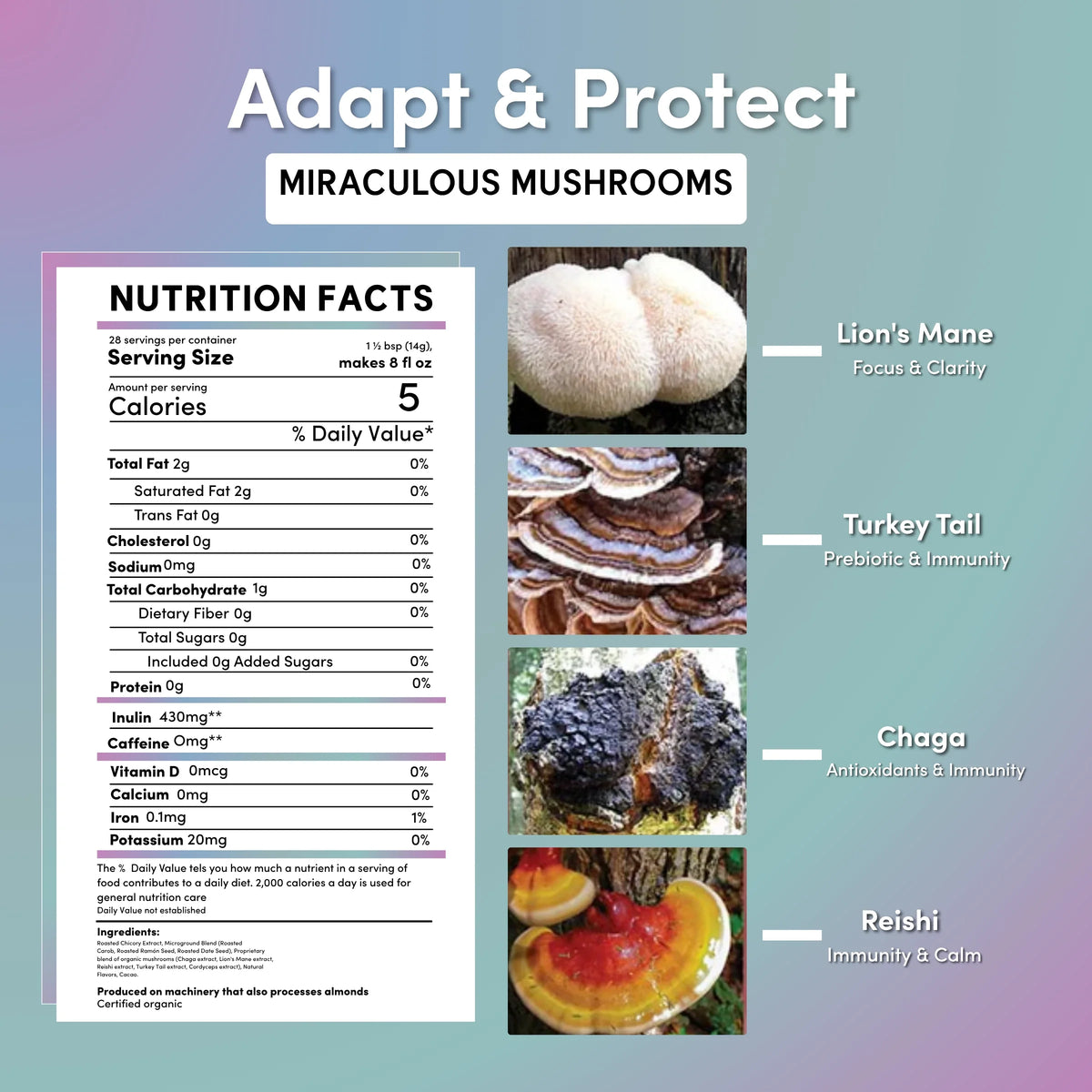 Instant herbal coffee nutrition facts for Adapt & Protect, Miraculous Mushrooms