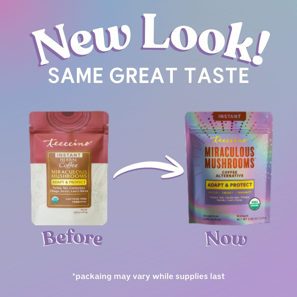 Before and now comparison featuring instant Adapt & Protect coffee alternative pouches