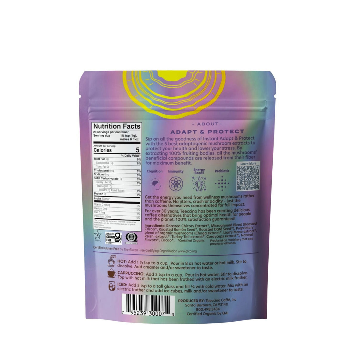 Instant herbal coffee alternative pouch back panel with Nutrition Facts and directions