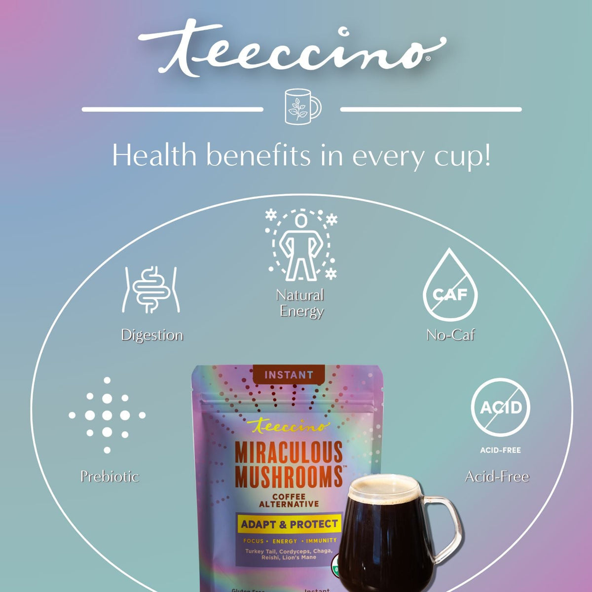Instant herbal coffee alternative pouch with health-benefit icons and mug
