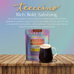 Teeccino Miraculous Mushrooms Adapt & Protect pouch with mug on wooden board